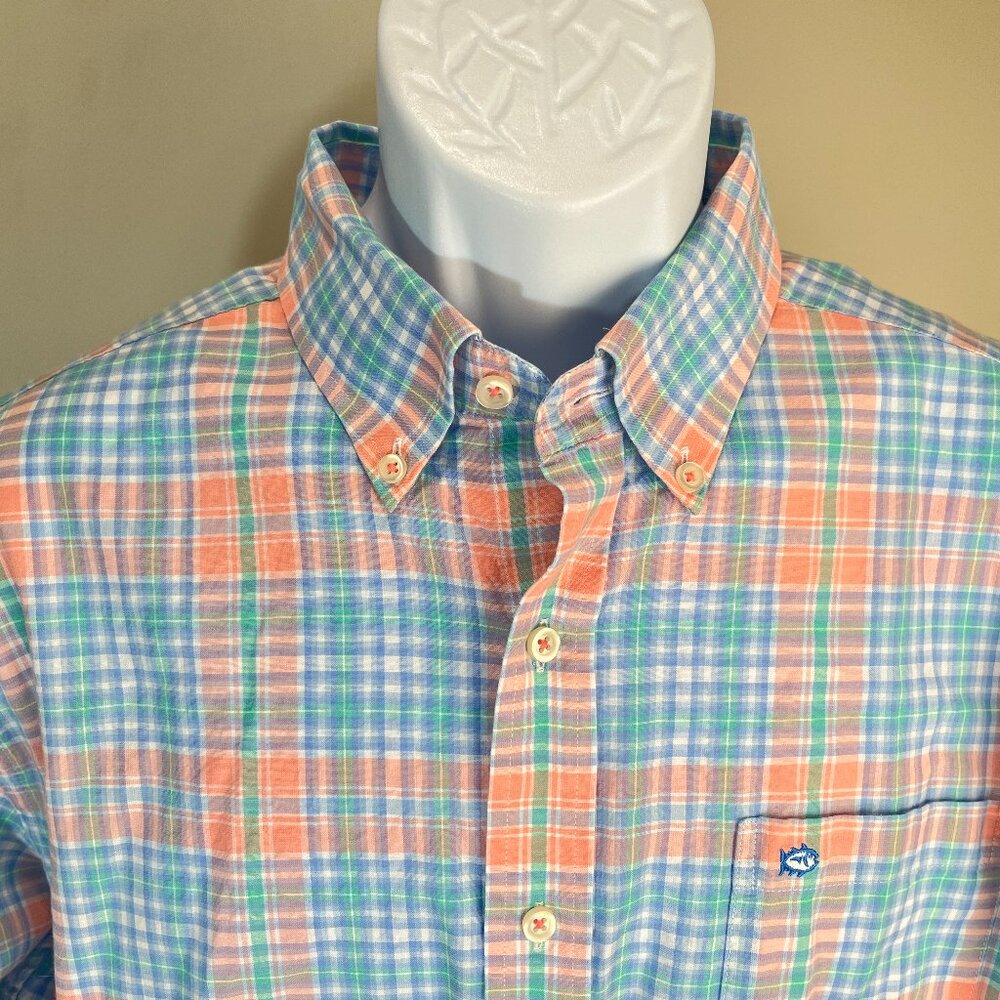🌊 Southern Tide Men’s Pink Blue Green Plaid Trim Fit Long Sleeve Shirt L EUC 👔